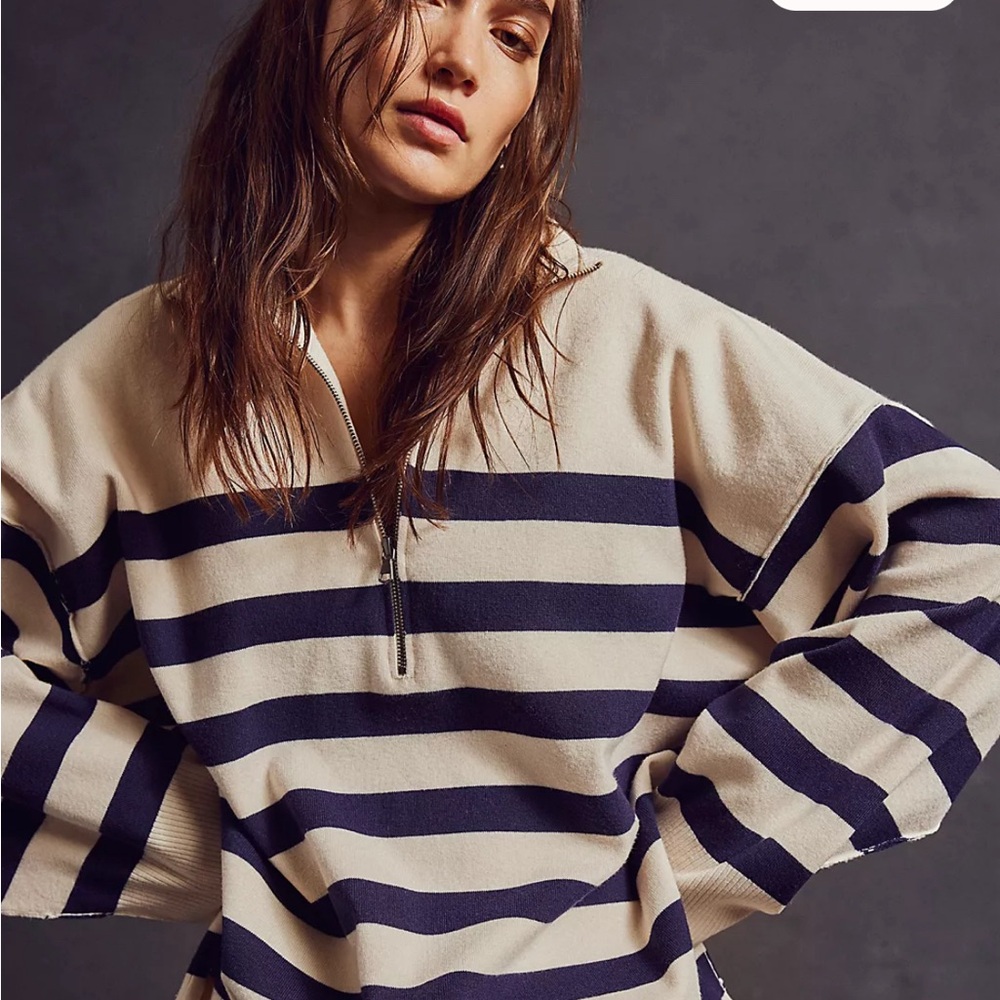 Free People Coastal Stripe Pulloevr Cream Navy NWOT